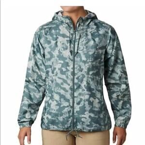 COLUMBIA Flash Forward Windbreaker Hooded in Green Gray Camo Print Women’s Large